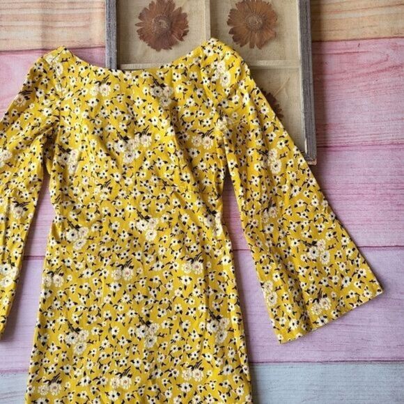 Zara Yellow Floral Bell Sleeve Mini Dress Small Mod Retro Colorful Summer - Picture 9 of 11